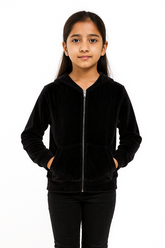 Girls Self Design Velvet Party Jacket with Zipper – Black (Without Hood)