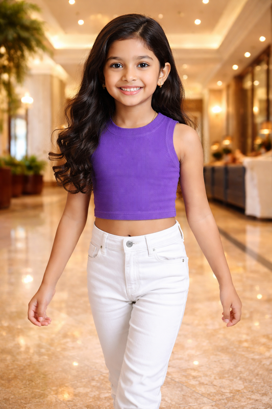 CHILINS Girls Purple Ribbed Cotton Crop Top Stylish & Comfortable Kidswear
