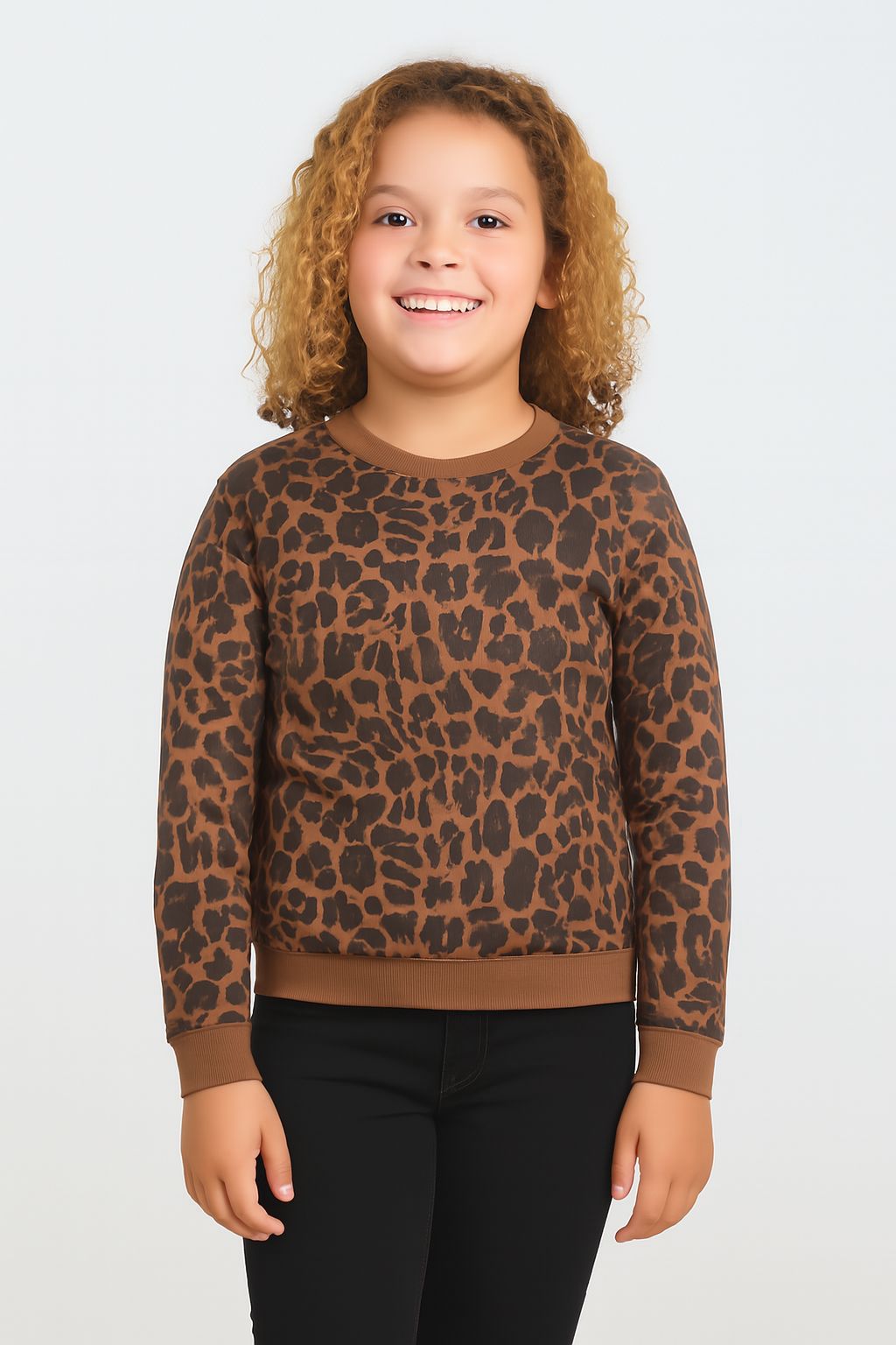 Girls Fleece Printed Round Neck Sweatshirt | Black Brown Animal Print
