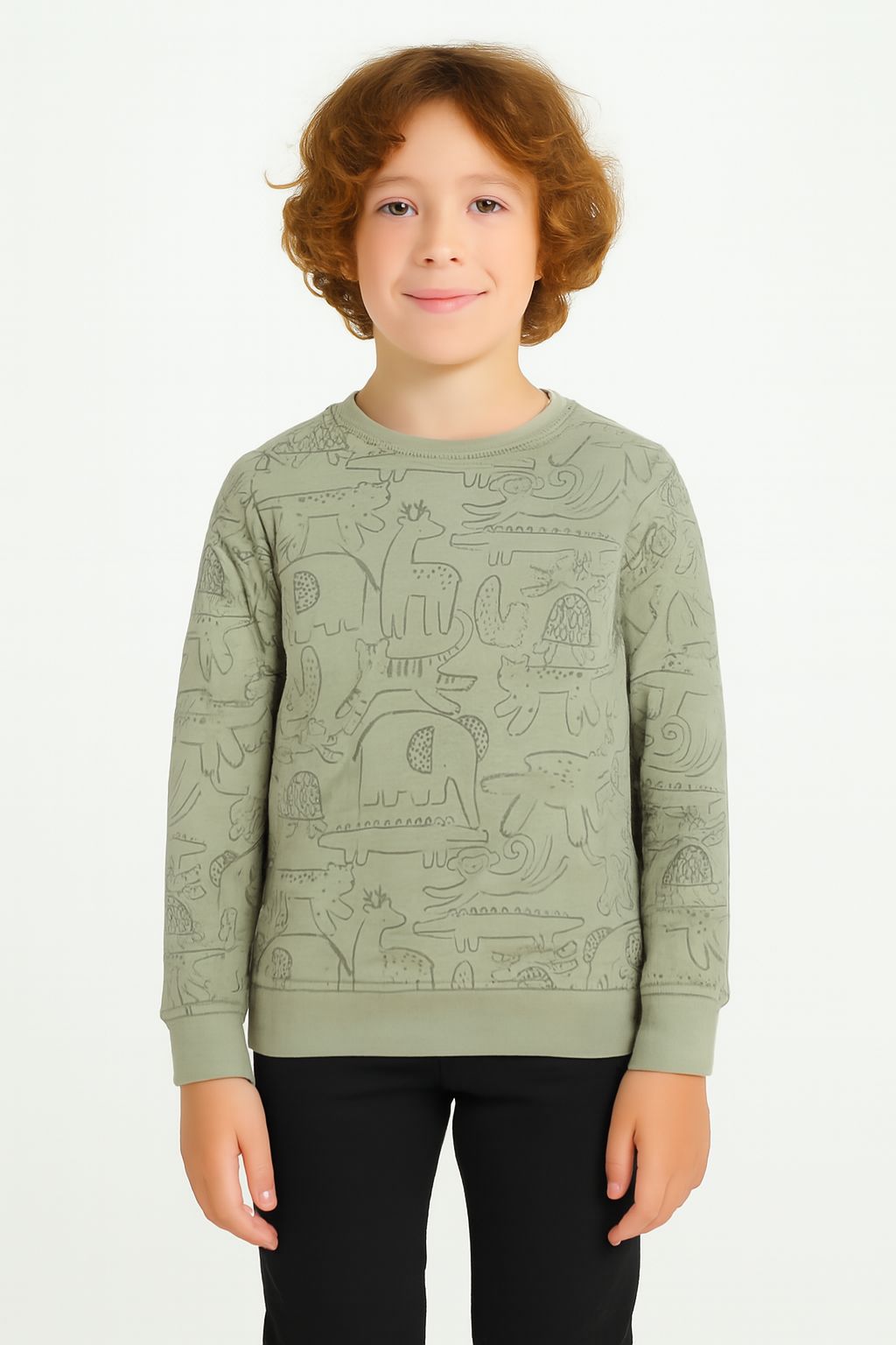 Boys Fleece Printed Round Neck Sweatshirt | Mehandi Animal Cartoon Print