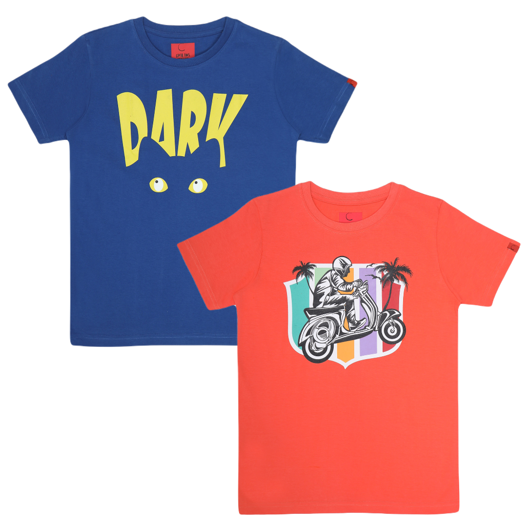 Round Neck Printed Super Combed Cotton T-shirt, (Pack of 2)