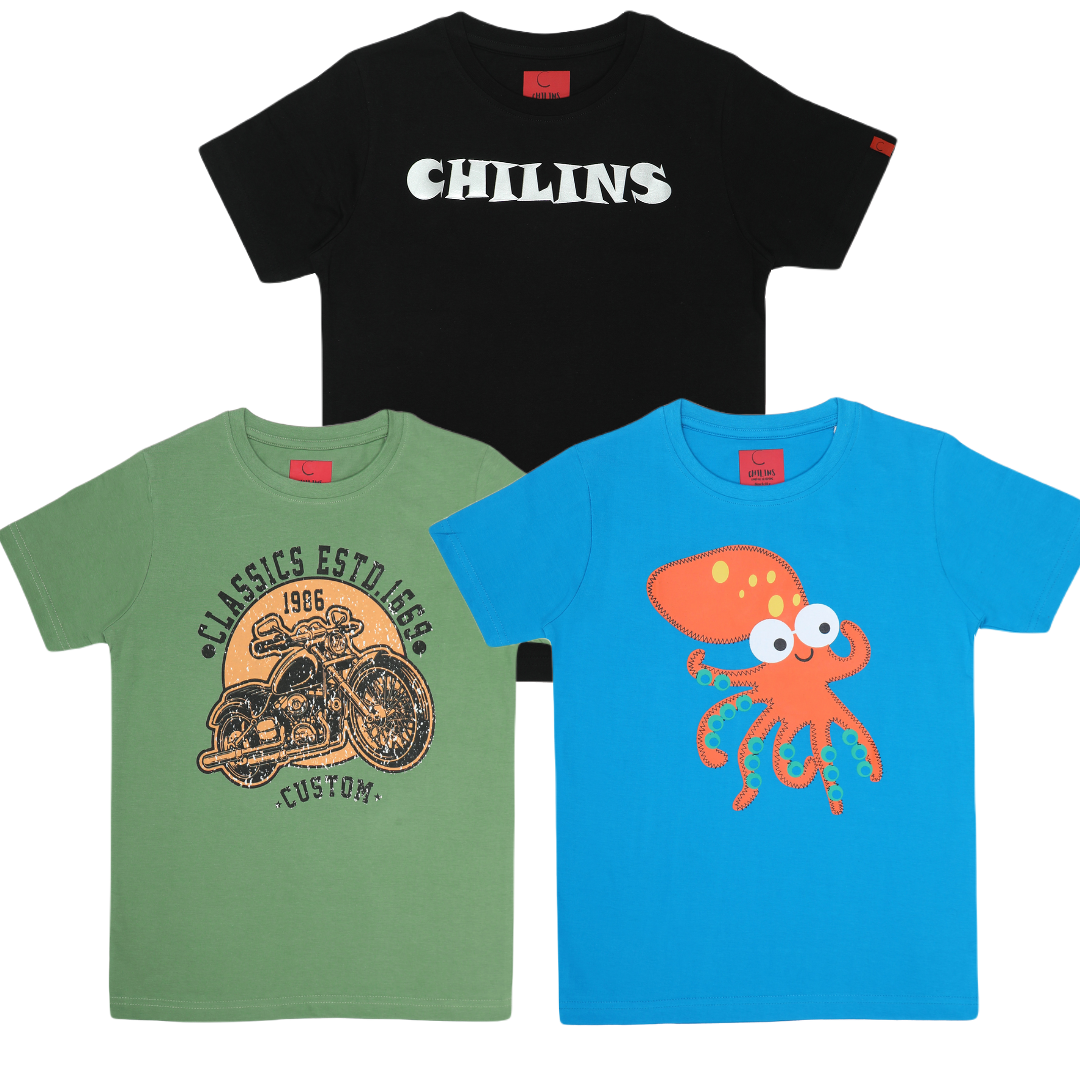 Round Neck Printed Super Combed Cotton T-shirt, (Pack of 3)