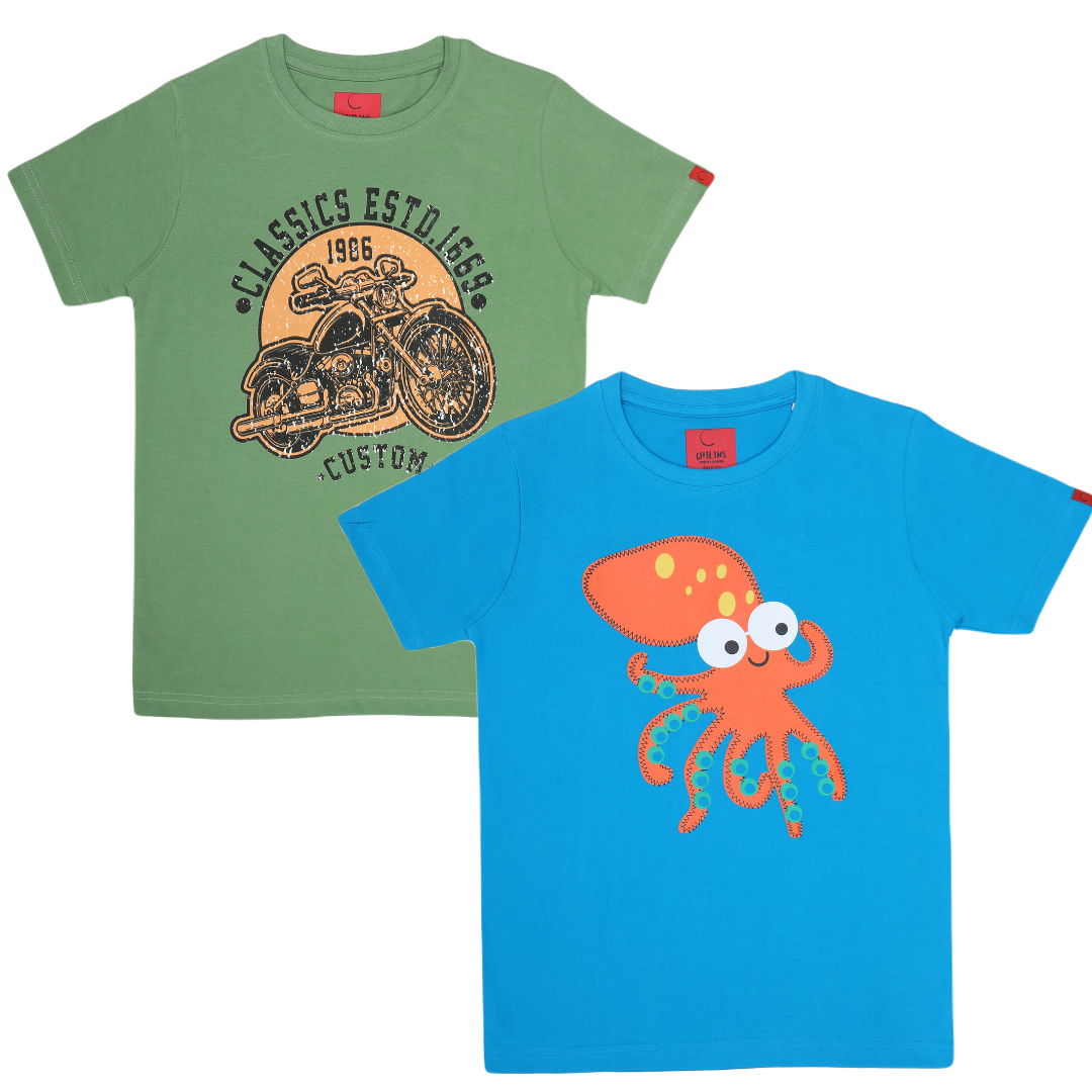Round Neck Printed Super Combed Cotton T-shirt, (Pack of 2)
