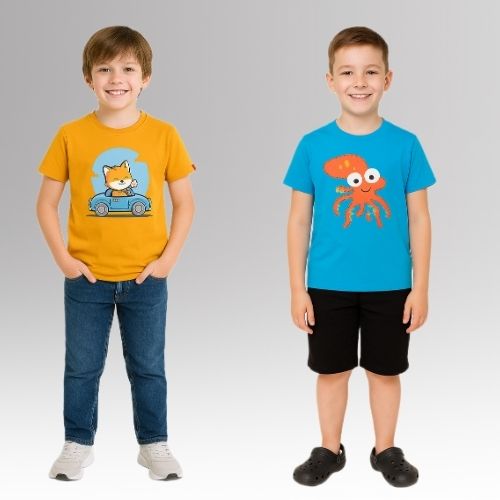 Round Neck Printed Super Combed Cotton T-shirt, (Pack of 2)