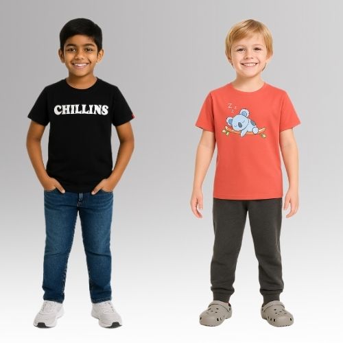 Round Neck Printed Cotton Tshirt, Color- Black, Peach_(Pack of 2)