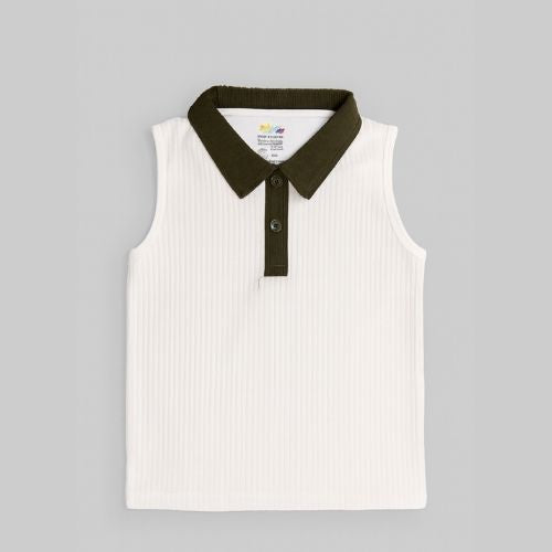 CHILINS Girls Sleeveless Polo Neck Top – Smart Casual Everyday Wear White Green