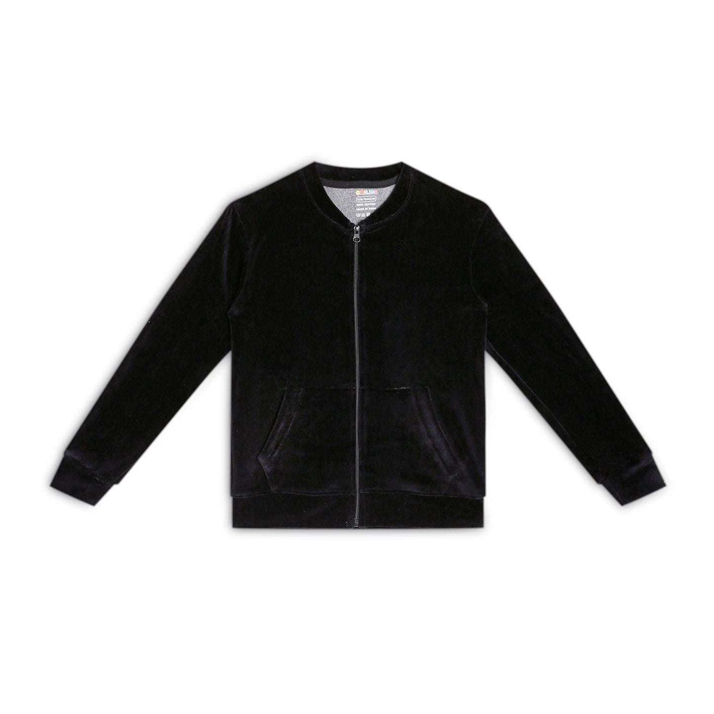 Girls Self Design Velvet Party Jacket with Zipper – Black (Without Hood)