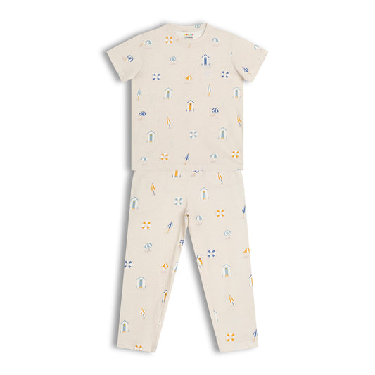 CHILINS Kids Pure Cotton Printed T-Shirt & Pyjama Set | Cream Comfort Nightwear Set