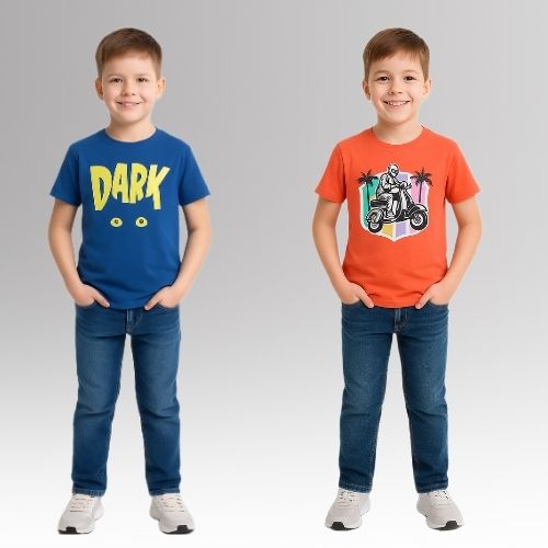 Round Neck Printed Super Combed Cotton T-shirt, (Pack of 2)