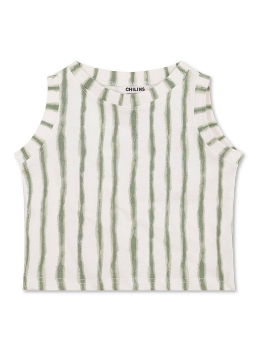 CHILINS Girls White Green Ribbed Cotton Crop Top Stylish & Comfortable Kidswear