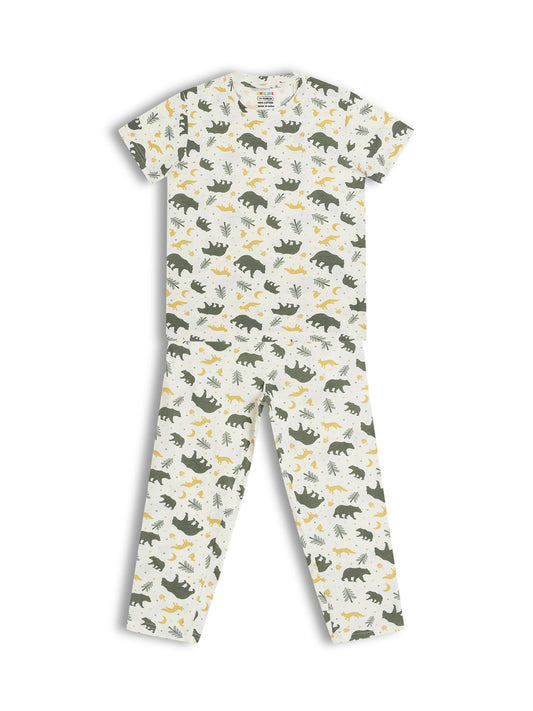 CHILINS Kids Pure Cotton Printed T-Shirt & Pyjama Set | Forest Animal Print Nightwear