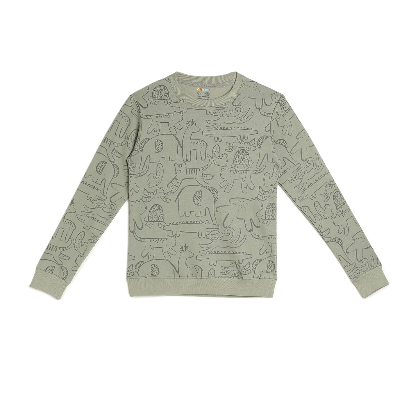 Boys Fleece Printed Round Neck Sweatshirt | Mehandi Animal Cartoon Print
