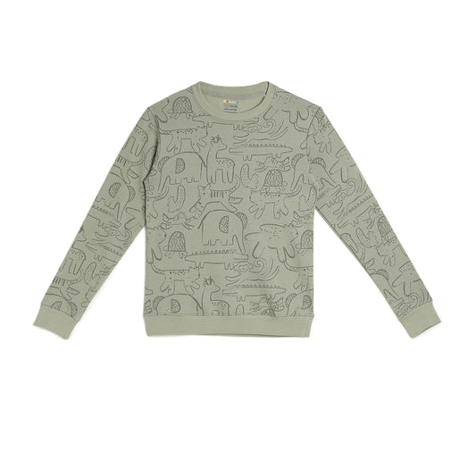 Boys Fleece Printed Round Neck Sweatshirt | Mehandi Animal Cartoon Print