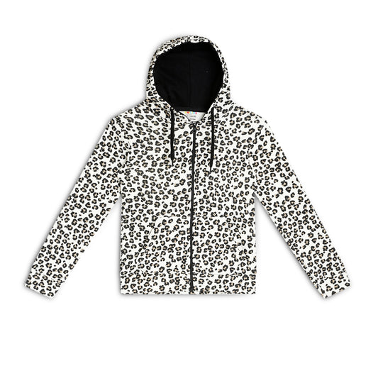 Girls Zipper Hooded Sweatshirt | Animal Print | Kangaroo Pockets | Regular Fit | White Black