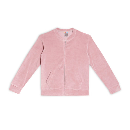 Girls Self Design Velvet Party Jacket with Zipper – Pink (Without Hood)