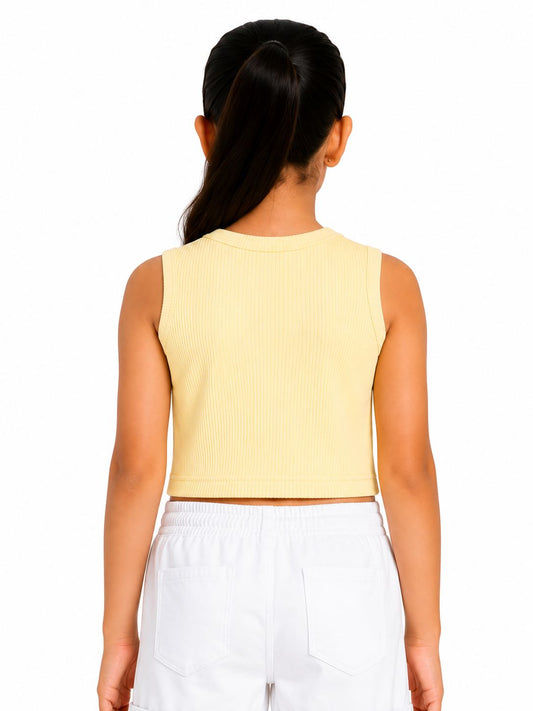 CHILINS Girls Light Yellow Ribbed Sleeveless Crop Top
