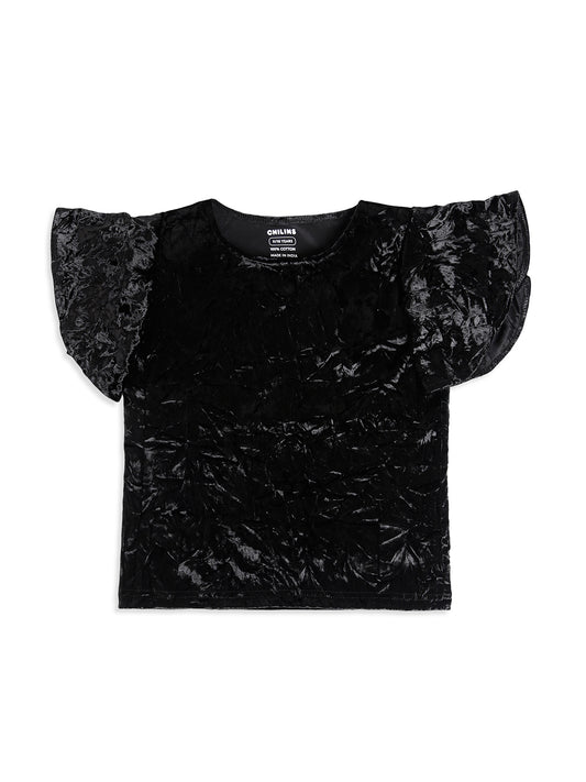 CHILINS Girls Black Velvet Top | Soft Crushed Velvet Flutter Sleeve Party Wear T-Shirt
