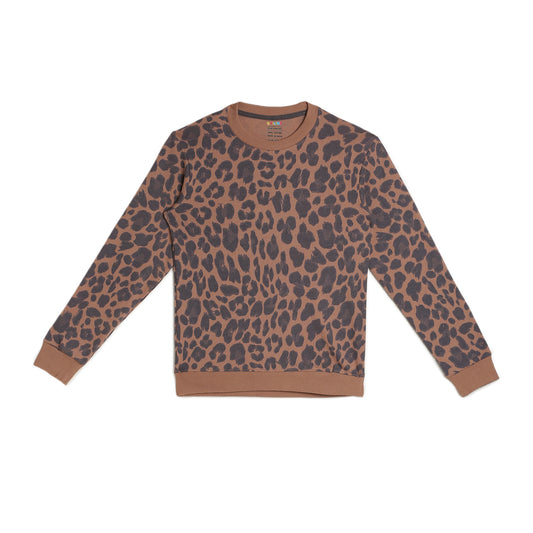 Girls Fleece Printed Round Neck Sweatshirt | Black Brown Animal Print