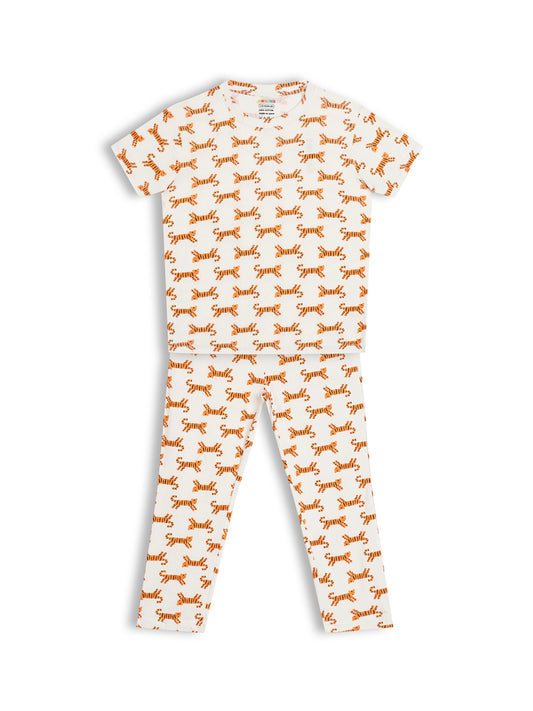CHILINS Kids Pure Cotton Printed T-Shirt & Pyjama Set | Tiger Print Nightwear Set
