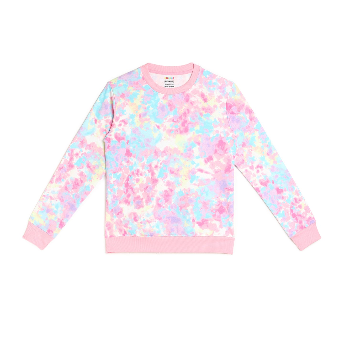 Girls Fleece Printed Round Neck Sweatshirt | Pink Tie Dye
