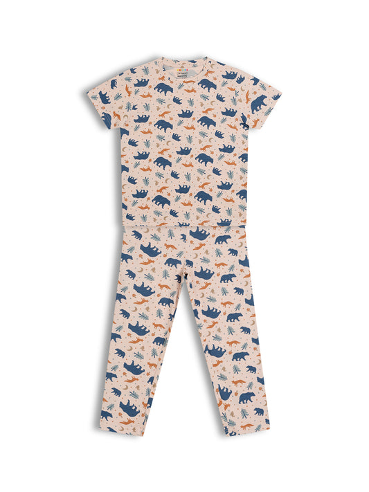 CHILINS Kids Pure Cotton Printed T-Shirt & Pyjama Set | Bear Print Nightwear Set