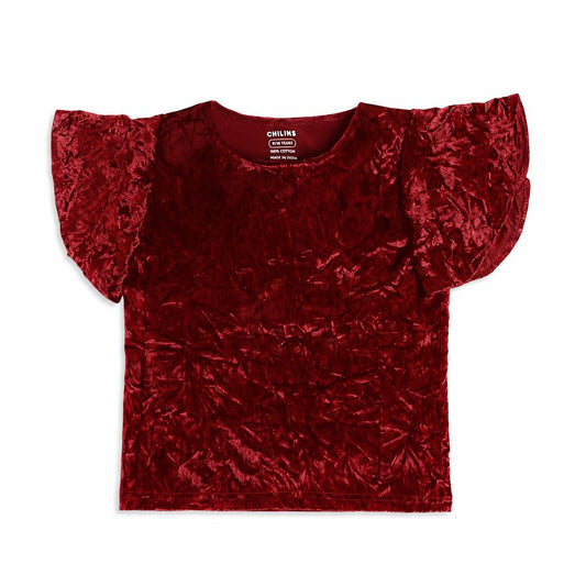 CHILINS Girls Red Velvet Top | Soft Crushed Velvet Flutter Sleeve Party Wear T-Shirt