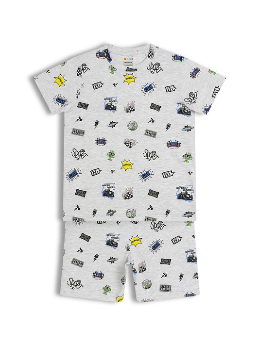 CHILINS Kids Pure Cotton Printed T-Shirt & Shorts Set | Racing Theme Co-Ord Set