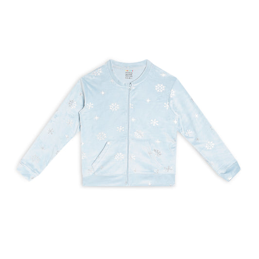 Girls Self Design Velvet Party Jacket with Zipper – Light Blue (Without Hood)