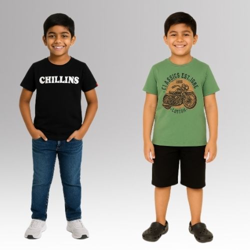 Round Neck Printed Cotton Tshirt, Color- Black, Olive_(Pack of 2)