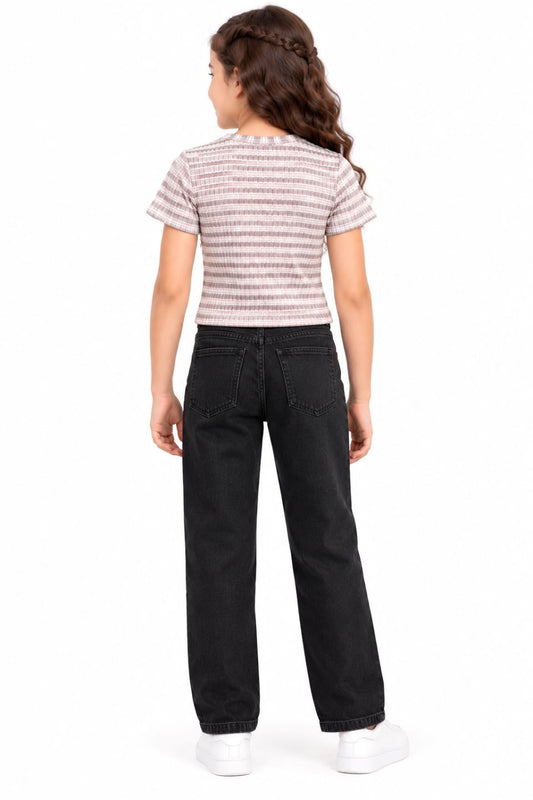 CHILINS Girls Grey & White Striped Crop Top | Short Sleeve Round Neck Casual Top