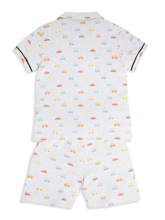 CHILINS Boys Car Print Night Suit Set | 100% Pure Cotton Half Sleeve Shirt & Shorts