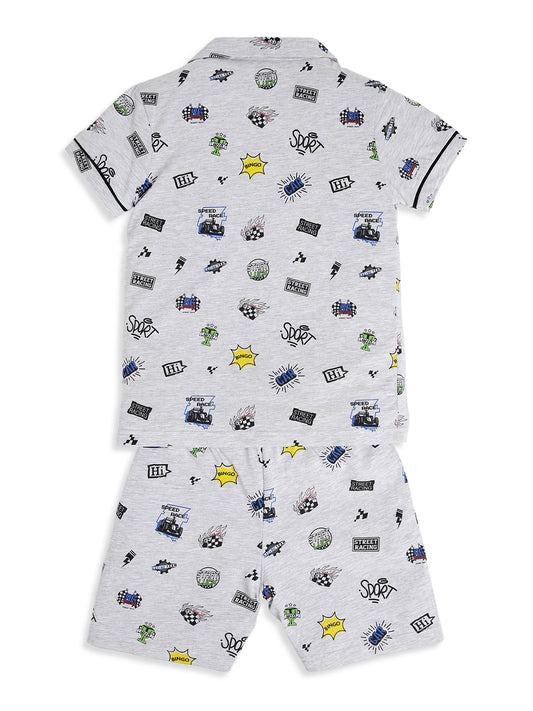 CHILINS Boys Racing Print Night Suit Set | 100% Pure Cotton Half Sleeve Shirt & Shorts
