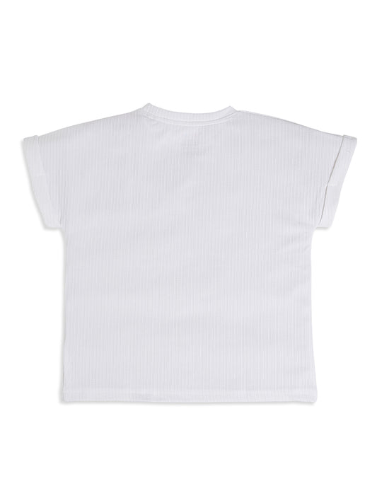 CHILINS Kids White Textured T-Shirt | Polyester Blended Ribbed Casual Top for Boys & Girls