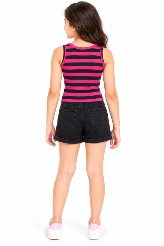 CHILINS Girls Pink & Navy Blue Striped Crop Top | Sleeveless Round Neck Casual Top