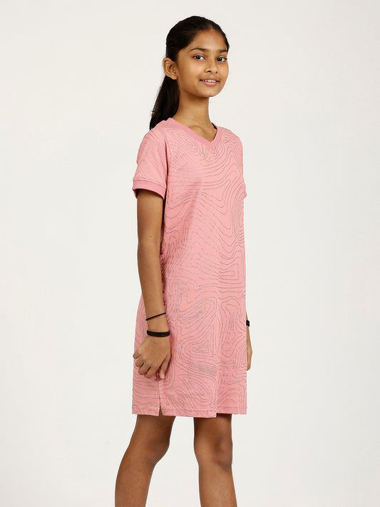 CHILINS Girls Pure Cotton Casual Dress – Pink with Golden Print