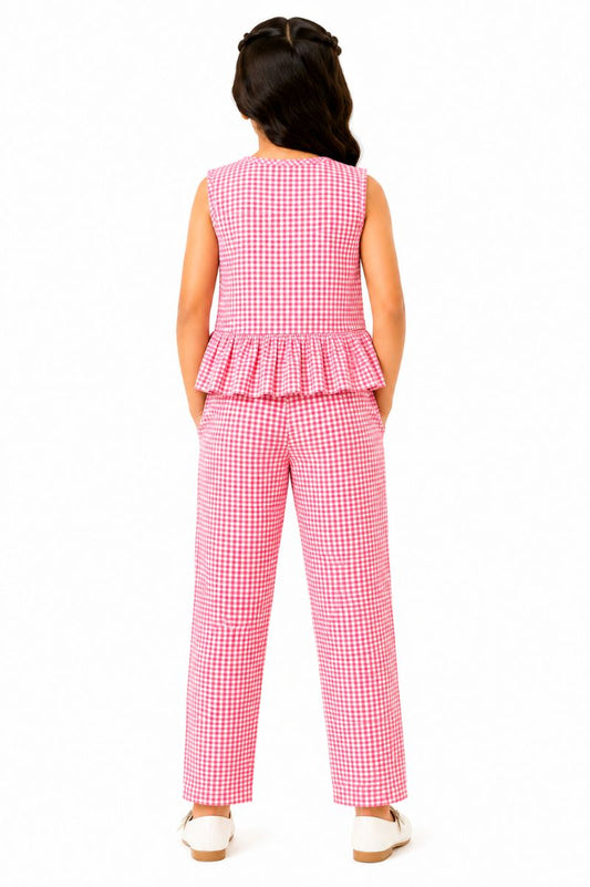 CHILINS Girls Pink & White Gingham Check Ruffle Top with Pants Set