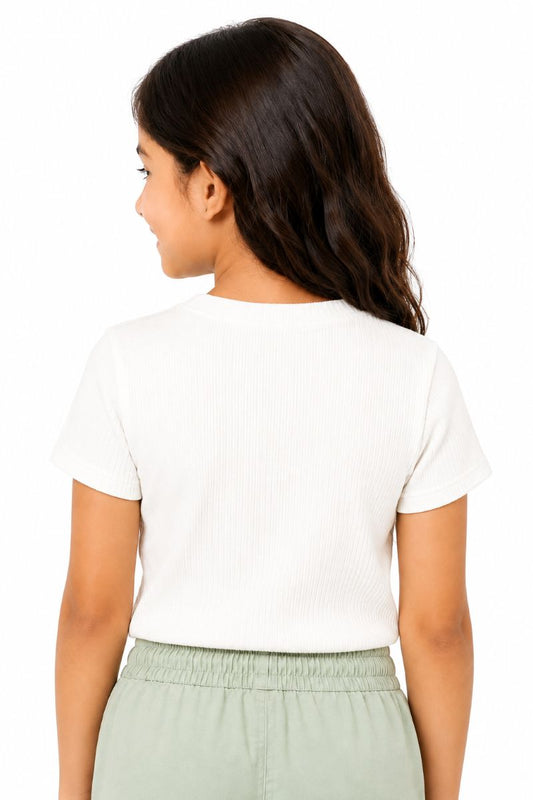 CHILINS Girls White Short Sleeve Cut-Out Ribbed Crop Top