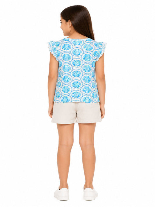 CHILINS Girls Blue Printed Ruffle Sleeve Top