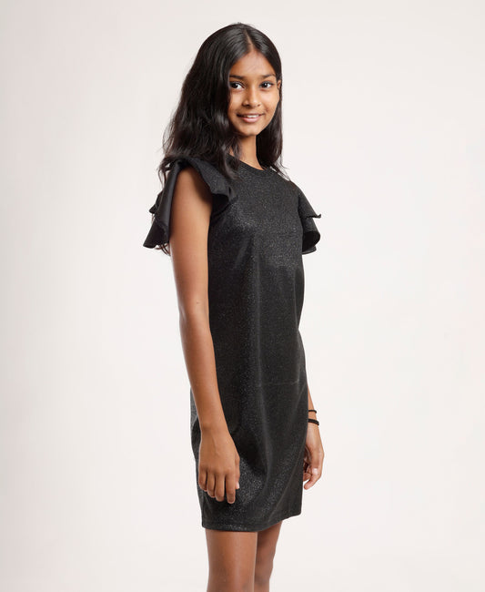 Girls’ Sparkle Black Party Dress with Layered Ruffle Sleeves – Elegant Shimmery A-Line Dress for Kids