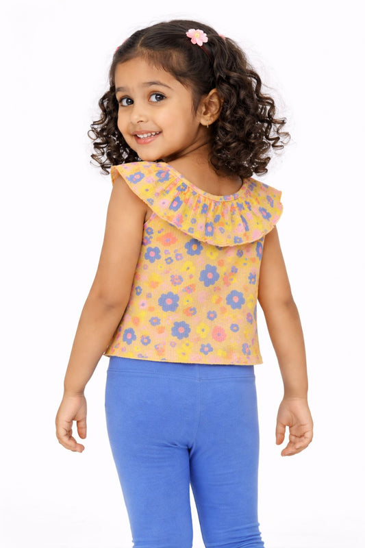 CHILINS Girls Cotton Printed Ruffle Neck Top – Cute Summer Casual Wear