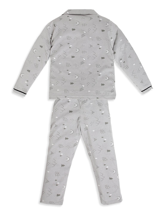 CHILINS Boys Grey Printed Night Suit Set | Pure Cotton Full Sleeve Shirt & Pyjama Sleepwear