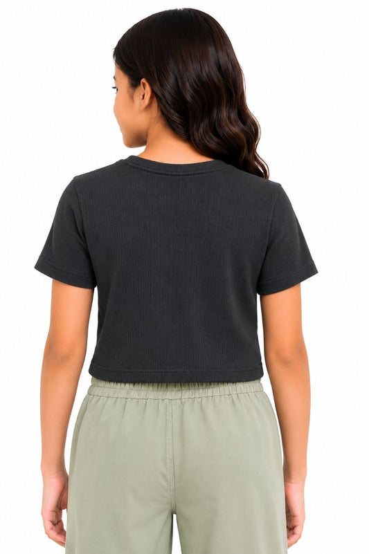 CHILINS Girls Black Short Sleeve Cut-Out Crop Top