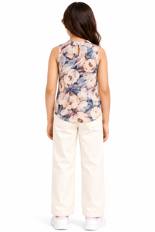 CHILINS Girls Floral Printed Sleeveless Top | Keyhole Neck | Casual Wear