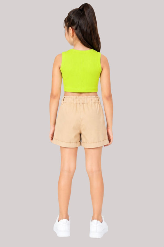CHILINS Girls Neon Green Ribbed Sleeveless Crop Top