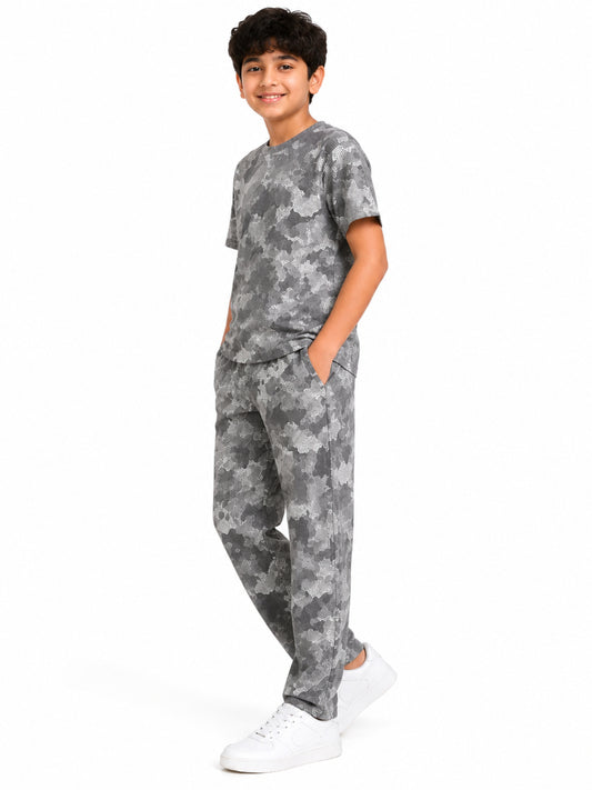 CHILINS Kids Grey Printed T-Shirt & Straight Fit Pants Co-Ord Set – Boys & Girls Casual Wear
