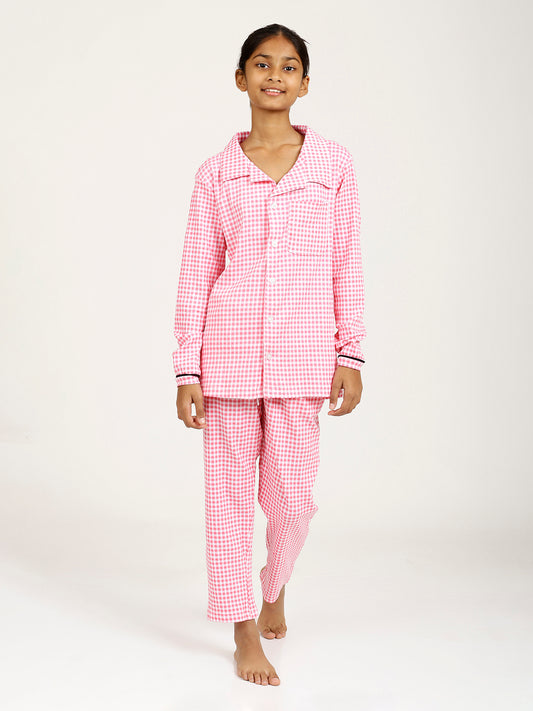 CHILINS Girls Shirt Pyjama Night Dress β Pure Cotton, Pink Checkered