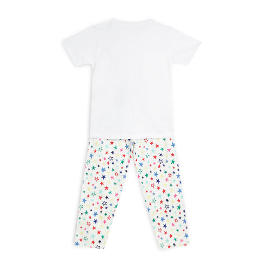 Sleepwear Set | Tshirt Pyjama Pant Set | Nightsuit Set | Girls Cotton Fabric White Star