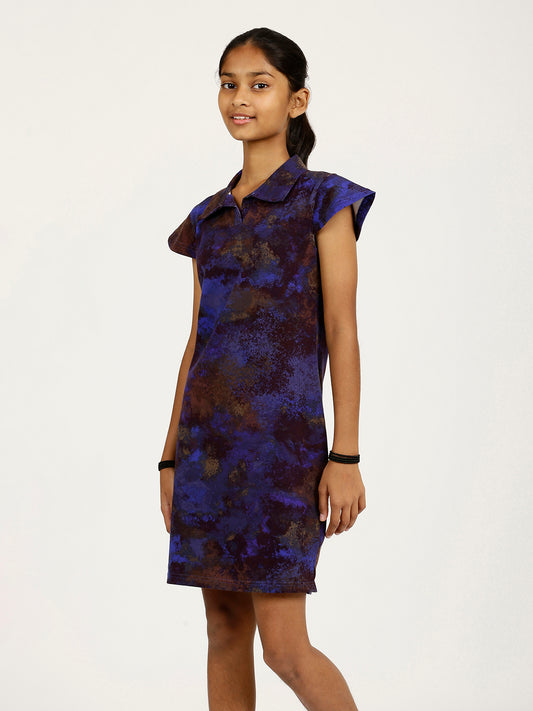 CHILINS Girls Pure Cotton Ribbed Casual Dress – Blue & Brown Tie-Dye Print