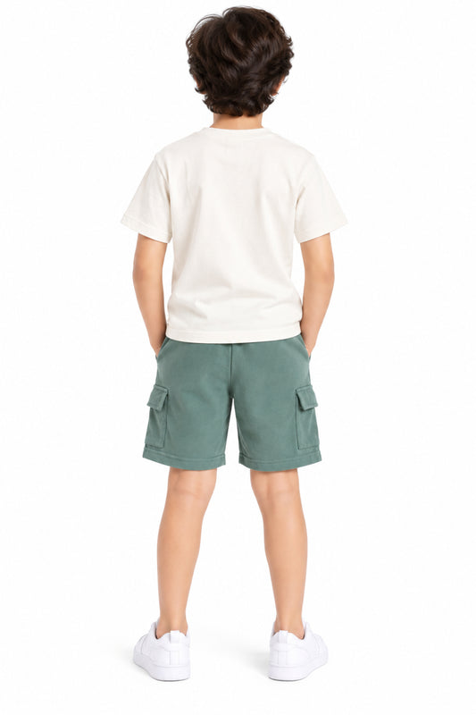 CHILINS Boys Green Cargo Shorts | Drawstring Waist | Utility Pockets | Knee Length | Regular Fit | Casual Wear