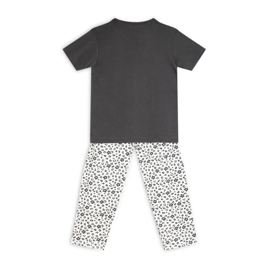 Sleepwear Set | Tshirt Pyjama Pant Set | Nightsuit Set | Girls Cotton Fabric Grey Flower